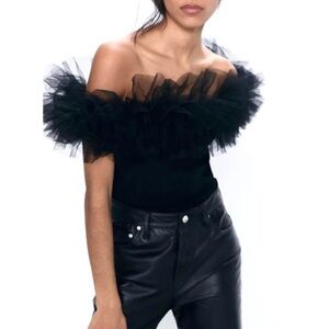 Zara Black Off-Shoulder Ruffle Blouse
